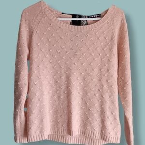 Peachy Pink Long Sleeve Sweater with Black Ribbon Tie Size M